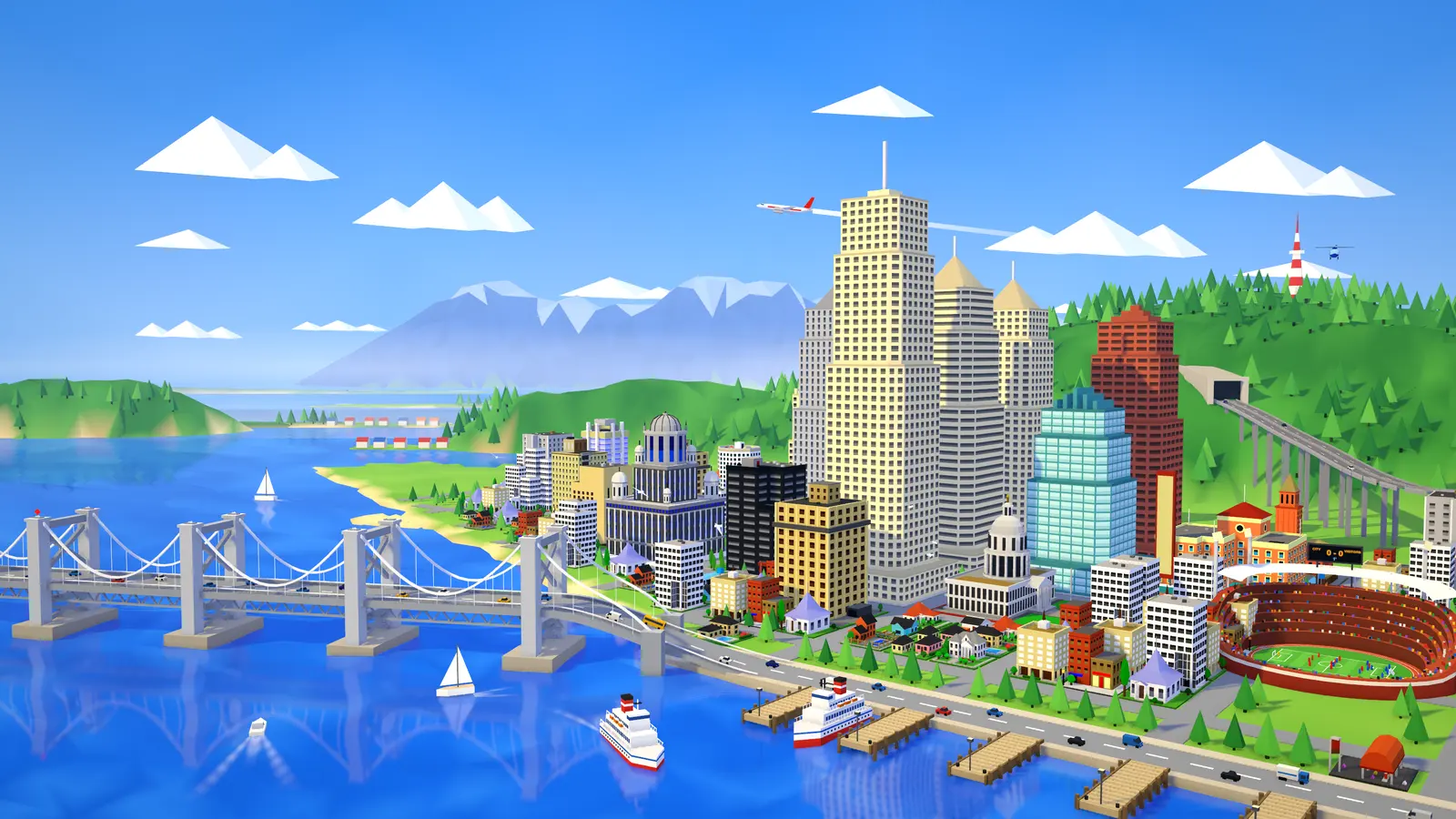 A low-poly city on a bay: a suspension bridge, a downtown of towers, ferries at the piers and a stadium