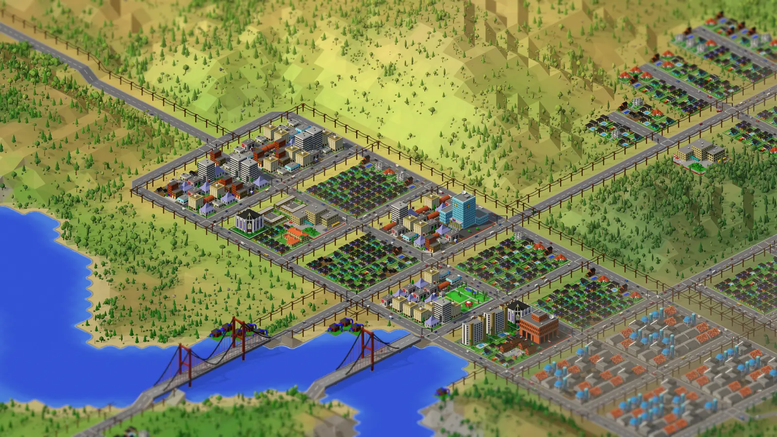 Millbrook: a small town of brick and low towers between wooded hills, two red suspension bridges over the river