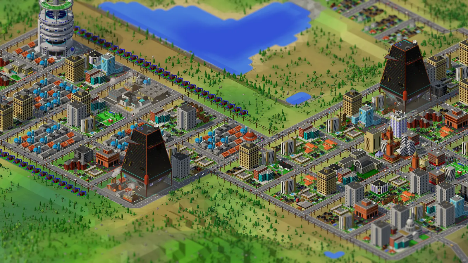 Nova Arcadia: dark pyramid arcologies and a ringed tower rising out of a dense city by a lake