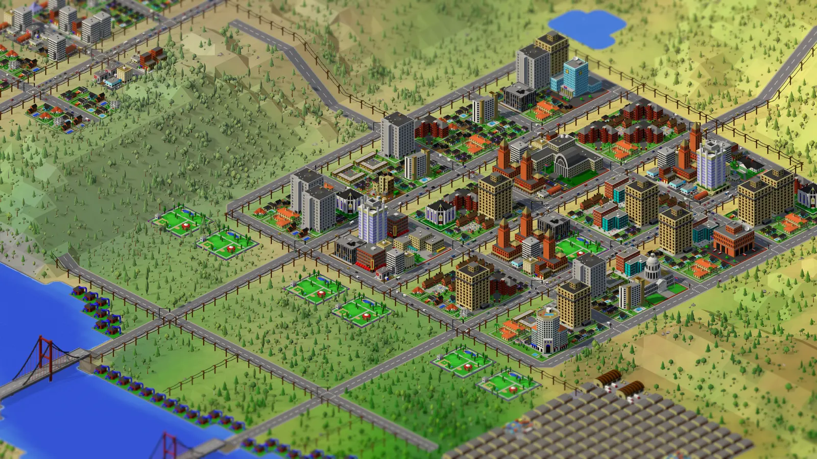 Port Halcyon: a downtown of brick towers and office blocks on a grid, parks along the edge, the port's warehouses below